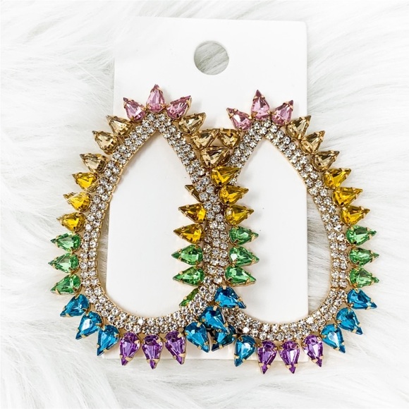 New Express Teardrop Earring rainbow ombre colorful round rhinestone gold - Picture 2 of 5